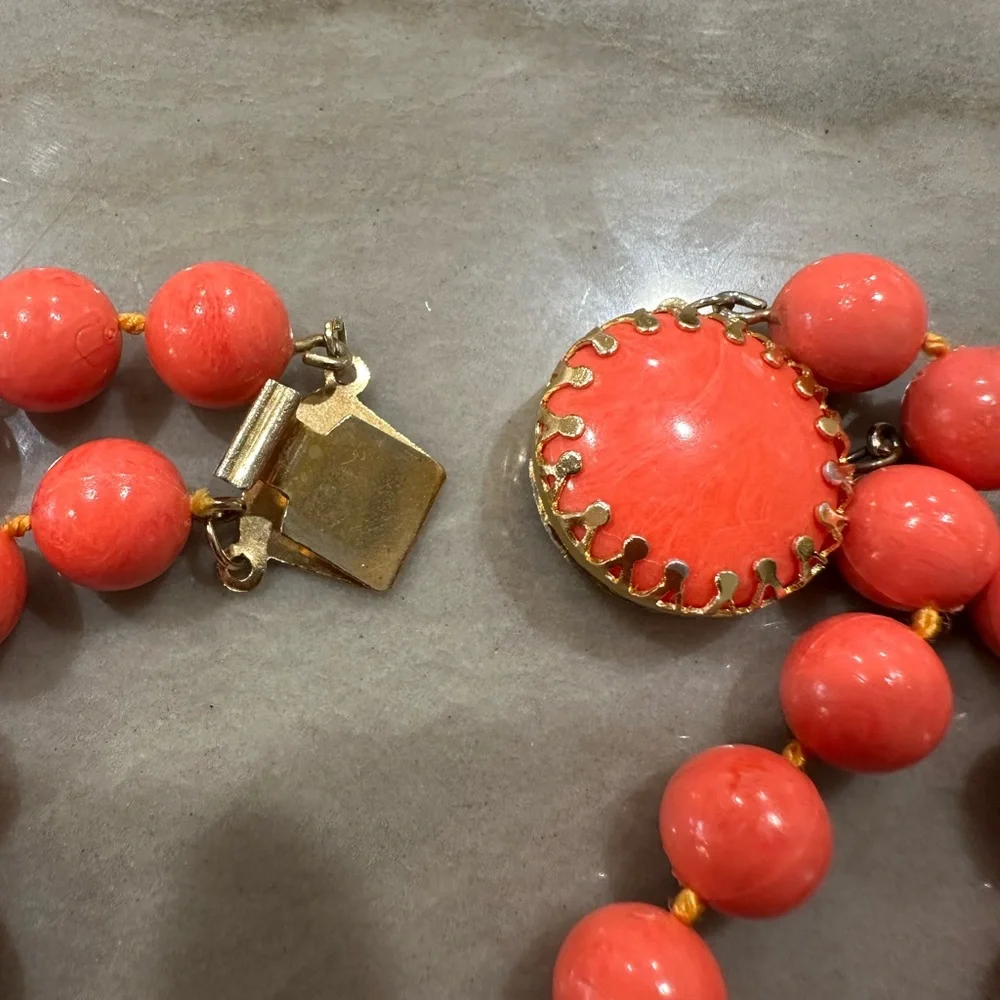 Vintage Mid Century Two Strand Faux Coral Lucite Bead Necklace with Ornate Clasp